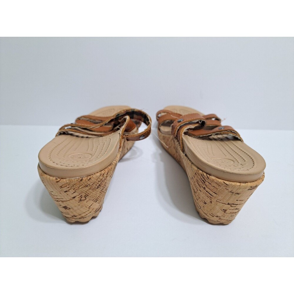 Crocs A-leigh Women's 9 Wedge Sandals Brown Leather Cork Strappy - Picture 7 of 10